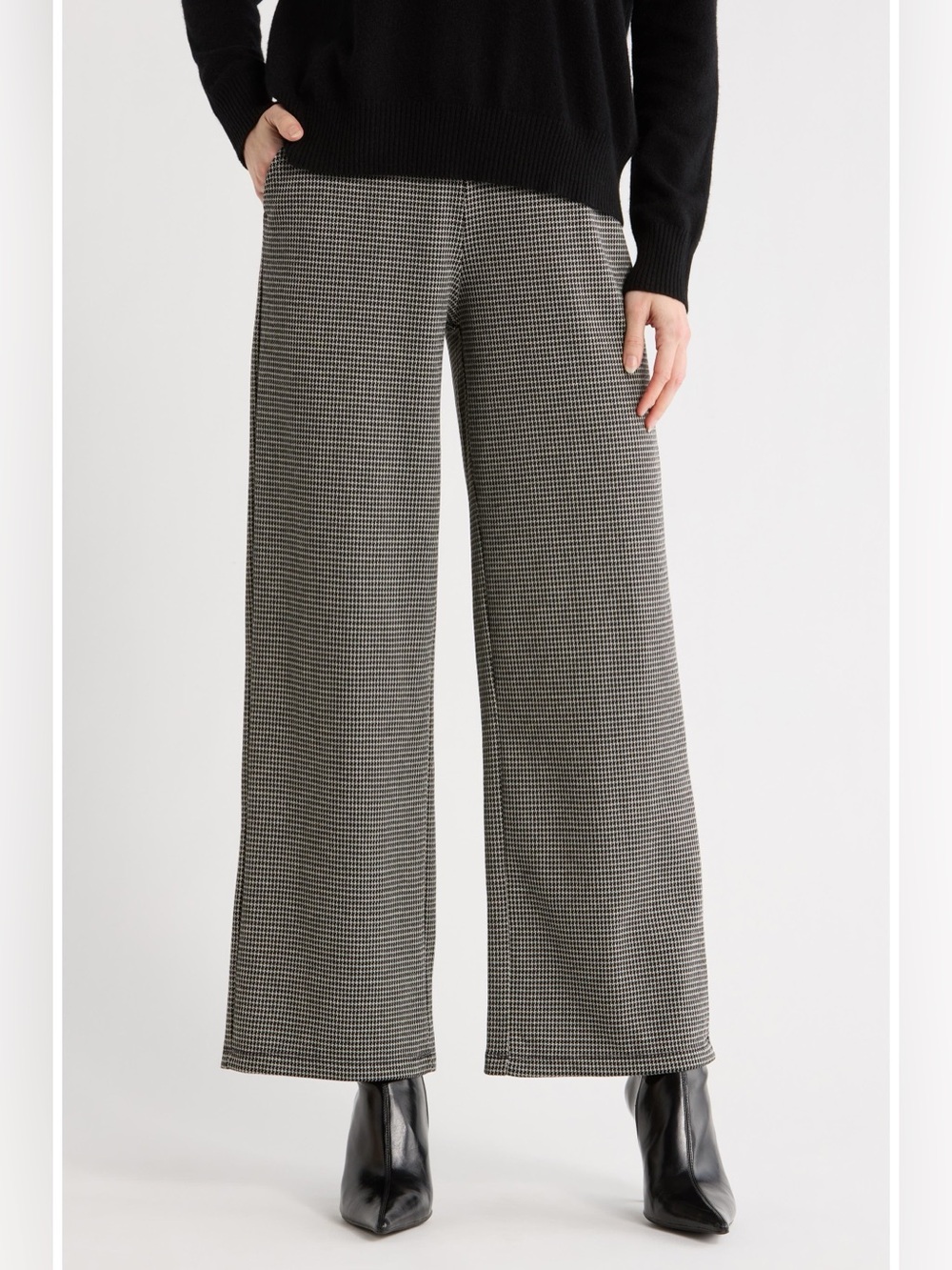 MAX STUDIO Double Knit Wide Leg Pants Houndstooth Black Cream Size M